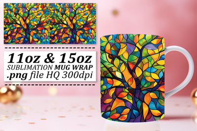 11oz/15oz Stained Glass Tree Mug Colorful Wrap Design Sublimation afrosvg 