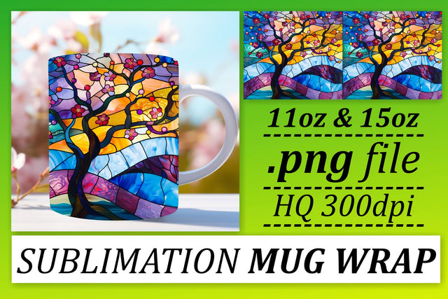 11oz/15oz Stained Glass Tree Mug Wrap Colorful Art Sublimation afrosvg 
