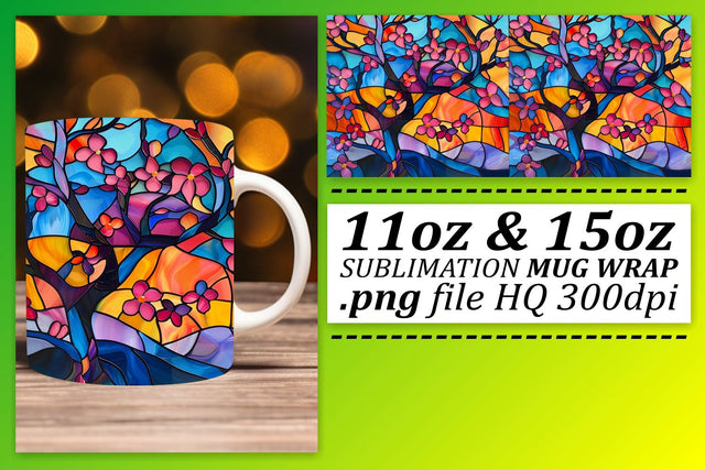 11oz/15oz Stained Glass Tree Mug Wrap Colorful Art Sublimation afrosvg 