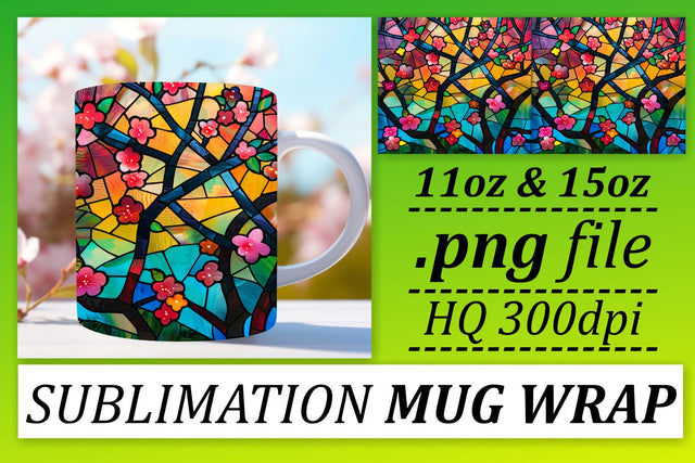 11oz/15oz Wrap Stained Glass Tree Colorful Mug Design Sublimation afrosvg 