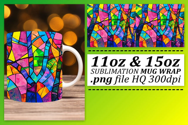 11oz/15oz Wrap Stained Glass Tree Colorful Mug Design Sublimation afrosvg 