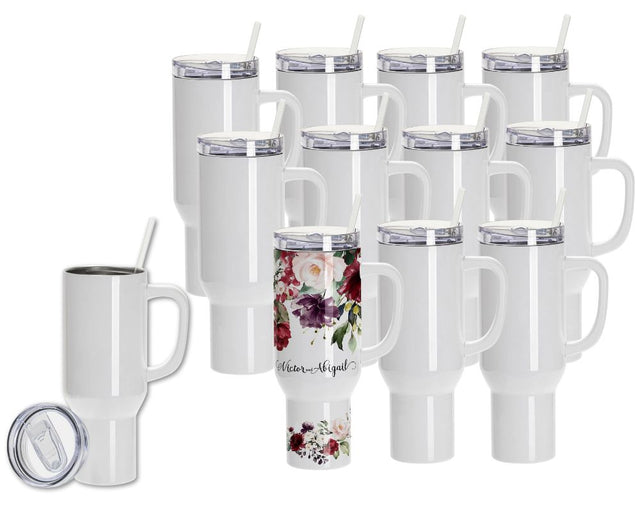 12 Pack - 40oz Sublimation White Travel Tumbler with Lid, Straw & Handle Physical Craft Express 