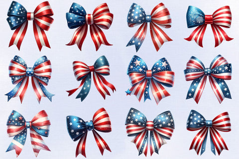 12 Patriotic Bow Clipart PNGs, Watercolor American Flag Bows Sublimation BijouBay 