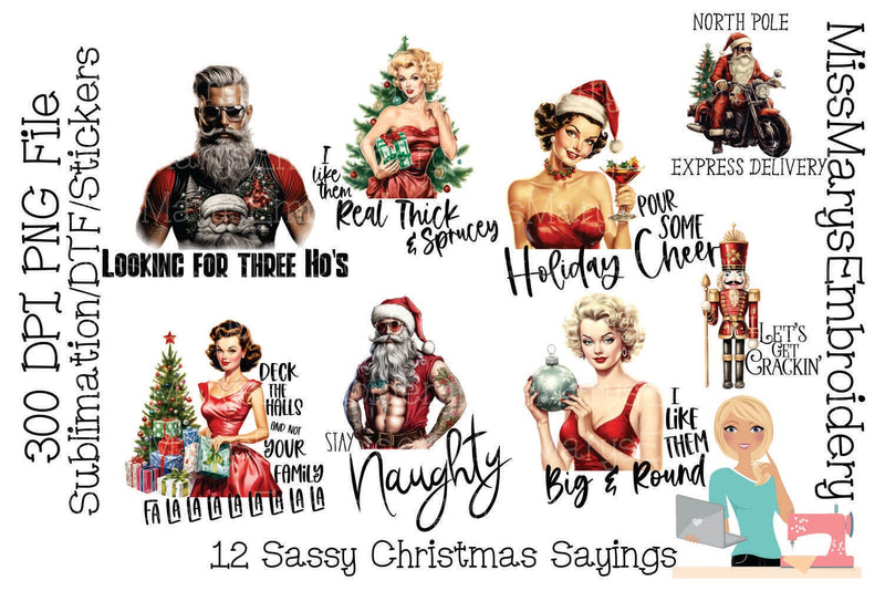 12 Sassy Christmas Sayings PNGs | Vintage Christmas Pin Up Girls PNG | Vintage Tattoo Santa PNG | Pin Up Christmas Sublimation Sublimation MissMarysEmbroidery 