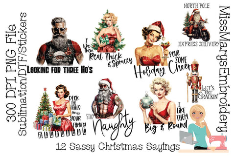 12 Sassy Christmas Sayings PNGs | Vintage Christmas Pin Up Girls PNG | Vintage Tattoo Santa PNG | Pin Up Christmas Sublimation Sublimation MissMarysEmbroidery 