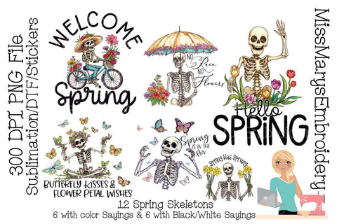 12 Spring Skeletons | Skeleton Clipart | Spring Clipart | Spring Skeletons PNG | Skeletons for Spring Sublimation SVG MissMarysEmbroidery 