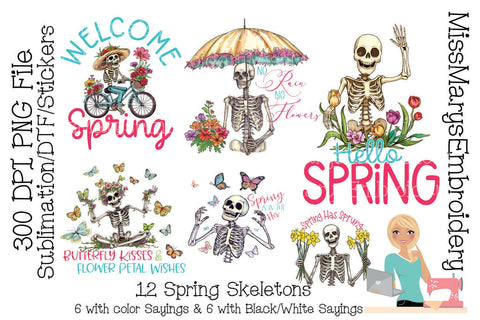 12 Spring Skeletons | Skeleton Clipart | Spring Clipart | Spring Skeletons PNG | Skeletons for Spring Sublimation SVG MissMarysEmbroidery 