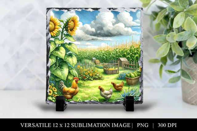 12 x 12 American Midwest Chicken Sunflower Illustration Sublimation BijouBay 