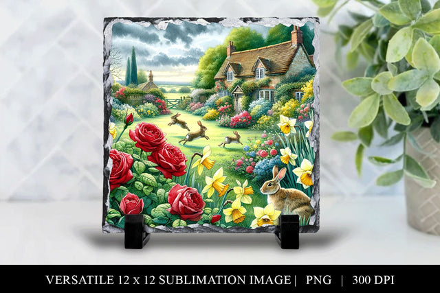 12 x 12 English Cottage Landscape Illustration Sublimation BijouBay 