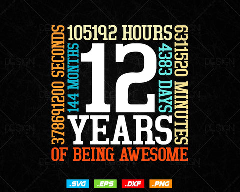 12 Years Of Being Awesome Birthday Svg Png, Retro Vintage Style Happy Birthday Gifts T Shirt Design, Kids Birthday Gift, Birthday Crew Svg SVG DesignDestine 