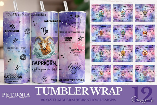 12 Zodiac Signs Tumbler Wrap Bundle | Zodiac Sign PNG Sublimation Petunia Digital Design 