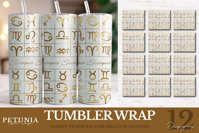 12 Zodiac Signs Tumbler Wrap Bundle | Zodiac Signs PNG Sublimation Petunia Digital Design 