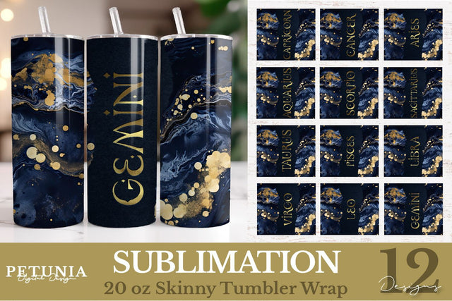 12 Zodiac Signs Tumbler Wrap Bundle | Zodiac Signs PNG Sublimation Petunia Digital Design 