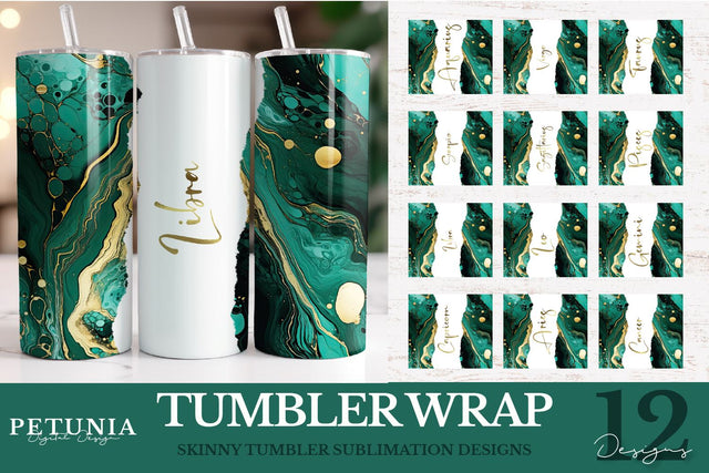 12 Zodiac Signs Tumbler Wrap Bundle | Zodiac Signs PNG Sublimation Petunia Digital Design 