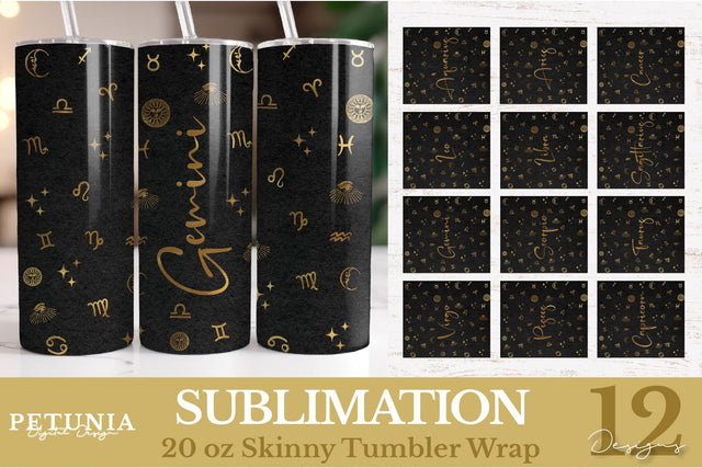 12 Zodiac Signs Tumbler Wrap Bundle | Zodiac Signs PNG Sublimation Petunia Digital Design 