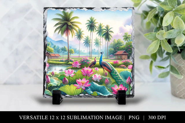 12x12 Tropical Peacock Sublimation Design, Lotus Flower PNG Sublimation BijouBay 