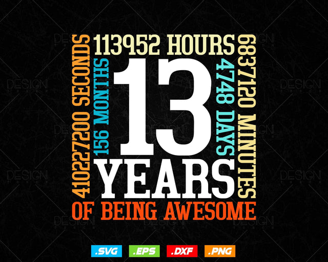 13 Years Of Being Awesome Birthday Svg Png, Retro Vintage Style Happy Birthday Gifts T Shirt Design, Teenager Birthday Gift, Birthday Crew Svg SVG DesignDestine 