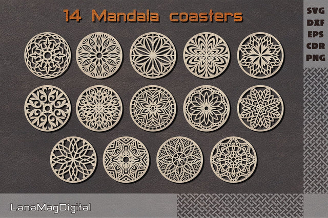 14 Round Mandala coasters svg, Mandala wall decor cut file, Laser cut files SVG LanaMagDigital 