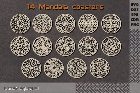 14 Round Mandala coasters svg, Mandala wall decor cut file, Laser cut files SVG LanaMagDigital 