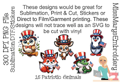 15 Fourth of July Animals PNG | Fourth of July Sublimation | American Flag Animals Sublimation MissMarysEmbroidery 