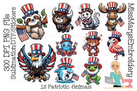 15 Fourth of July Animals PNG | Fourth of July Sublimation | American Flag Animals Sublimation MissMarysEmbroidery 