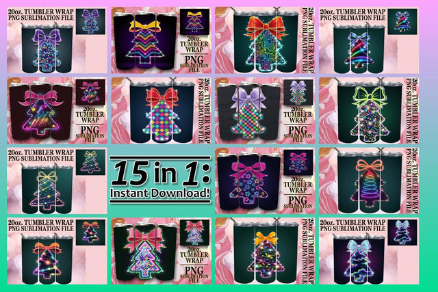 15x 20oz Tumbler Wrap Design Bundle Kit , Neon Xmas Sublimation afrosvg 