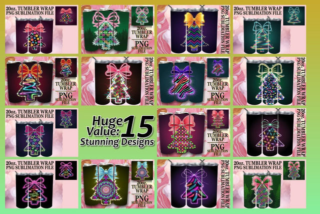 15x 20oz Tumbler Wrap Designs Collection , Neon Xmas Sublimation afrosvg 