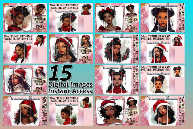 15x 20oz Tumbler Wraps Design Bundle Kit , Xmas Girl Sublimation afrosvg 