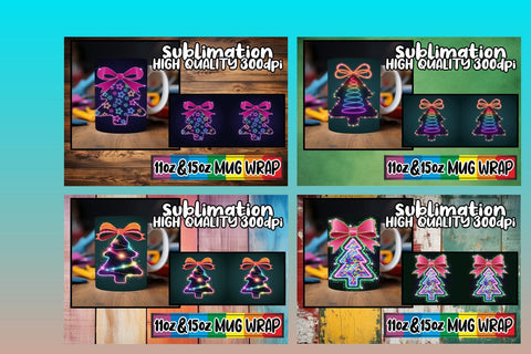 15x Beautiful Mug Wrap Design , Neon Xmas Sublimation afrosvg 