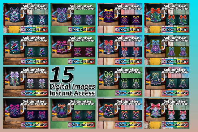 15x Beautiful Mug Wrap Design , Neon Xmas Sublimation afrosvg 