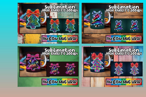 15x Beautiful Mug Wrap Design , Neon Xmas Sublimation afrosvg 