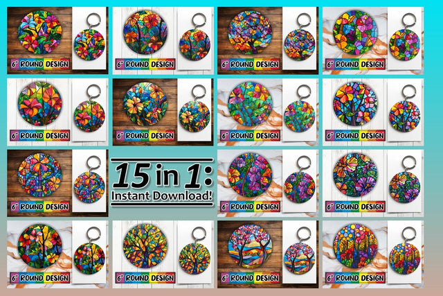 15x Car Coaster Design Pack for Sublimation , Stained Glass Sublimation afrosvg 