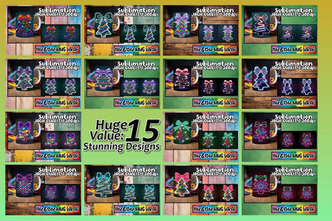 15x Colorful Mug Wrap , Neon Xmas Sublimation afrosvg 