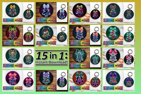 15x Keychain & Coaster Design Pack , Neon Xmas Sublimation afrosvg 