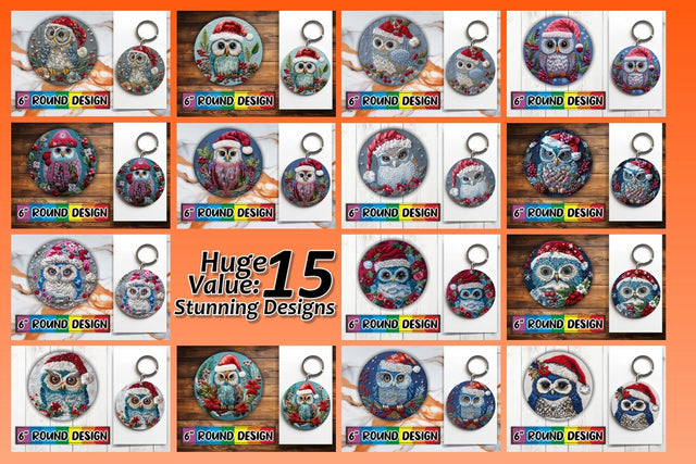15x Keychain & Coaster Design Set , Xmas Owl Sublimation afrosvg 