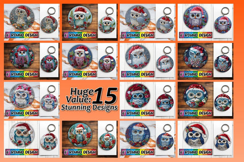 15x Keychain & Coaster Design Set , Xmas Owl Sublimation afrosvg 