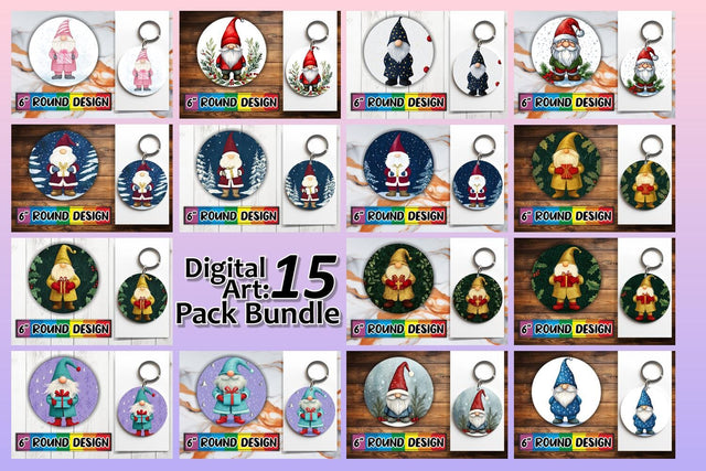 15x Keychain Design Bundle Sublimation, Gnomes Watercolor Sublimation afrosvg 