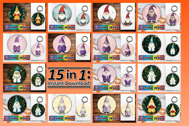 15x Keychain Round Design Bundle Set, Gnomes Watercolor Sublimation afrosvg 