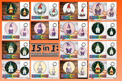 15x Keychain Round Design Bundle Set, Gnomes Watercolor Sublimation afrosvg 