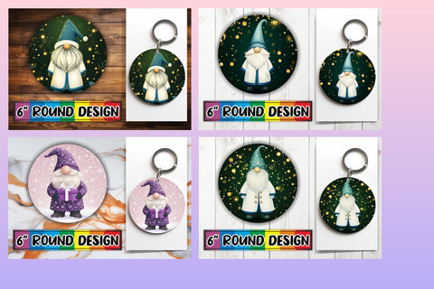 15x Keychain Round Design Bundle Set, Gnomes Watercolor Sublimation afrosvg 