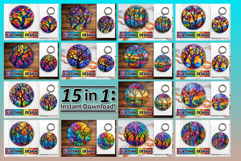 15x Keychain Round Design Sublimation , Stained Glass Sublimation afrosvg 