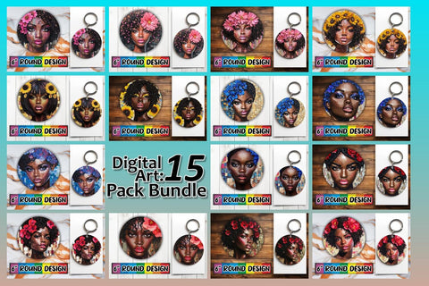 15x Keychain Round Sublimation Design , Woman Sublimation afrosvg 