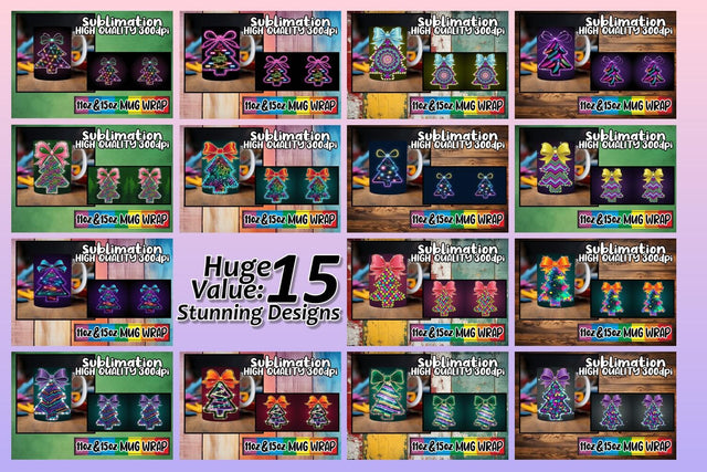 15x Mug Wrap Design Bundle , Neon Xmas Sublimation afrosvg 
