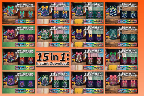 15x Mug Wrap Sublimation , Neon Xmas Sublimation afrosvg 
