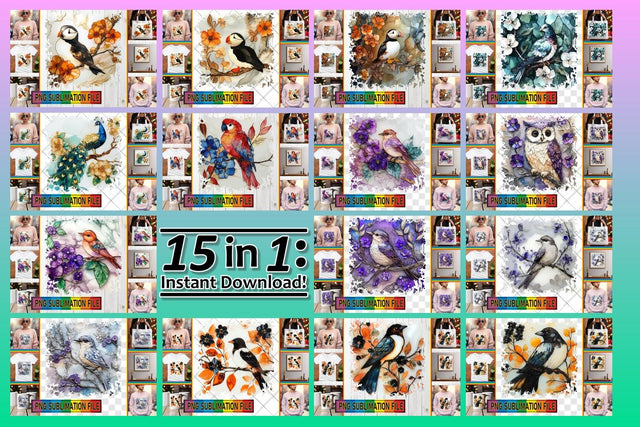 15x PNG Bundle Kit , 3D Bird Sublimation afrosvg 
