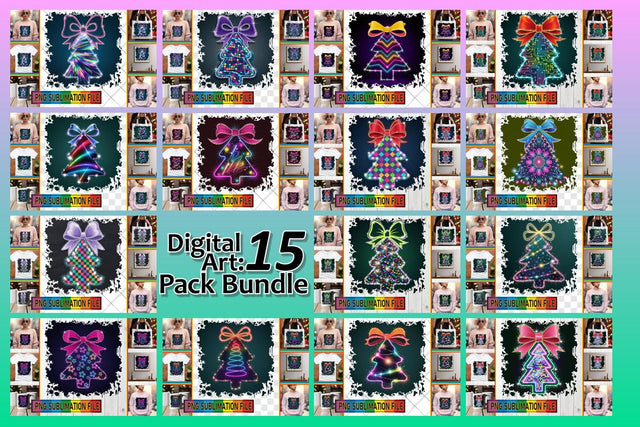15x PNG Design Pack Collection Kit , Neon Xmas Sublimation afrosvg 