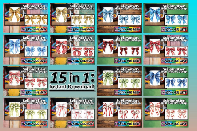 15x Ready-Made Mug Wrap , Bow Sublimation afrosvg 