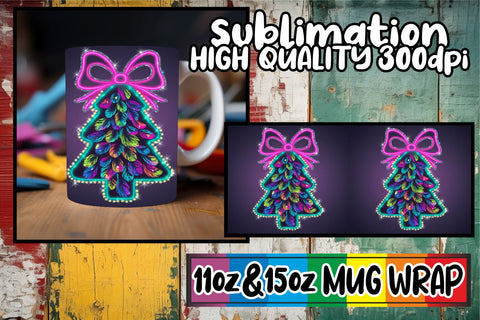 15x Ready-Made Mug Wrap , Neon Xmas Sublimation afrosvg 
