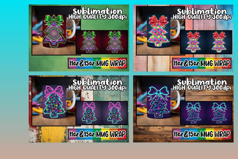 15x Ready-Made Mug Wrap , Neon Xmas Sublimation afrosvg 