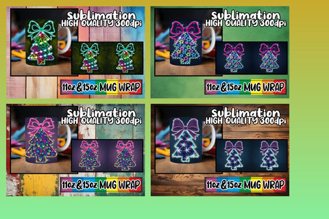 15x Ready-Made Mug Wrap , Neon Xmas Sublimation afrosvg 